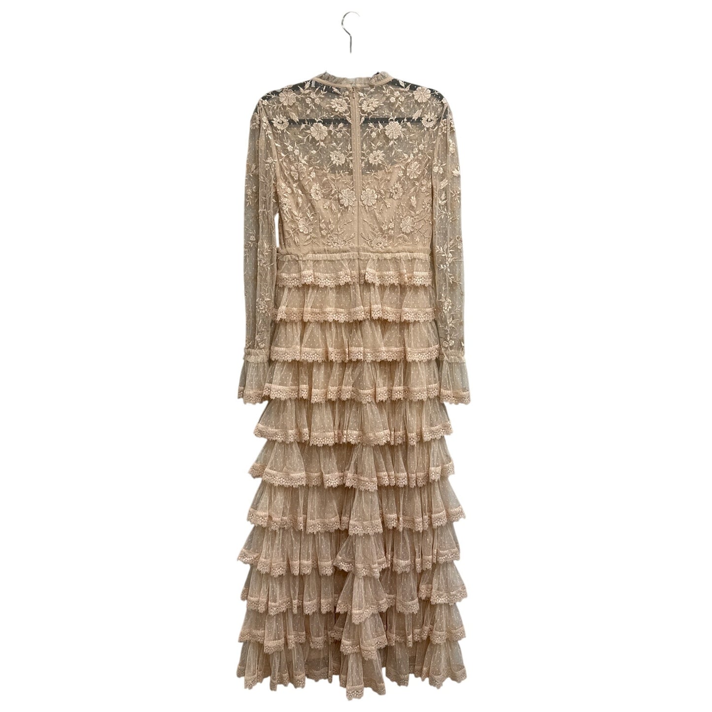 NWT Mac Duggal Beige Embroidered Long Sleeve Ruffled Tiered Gown