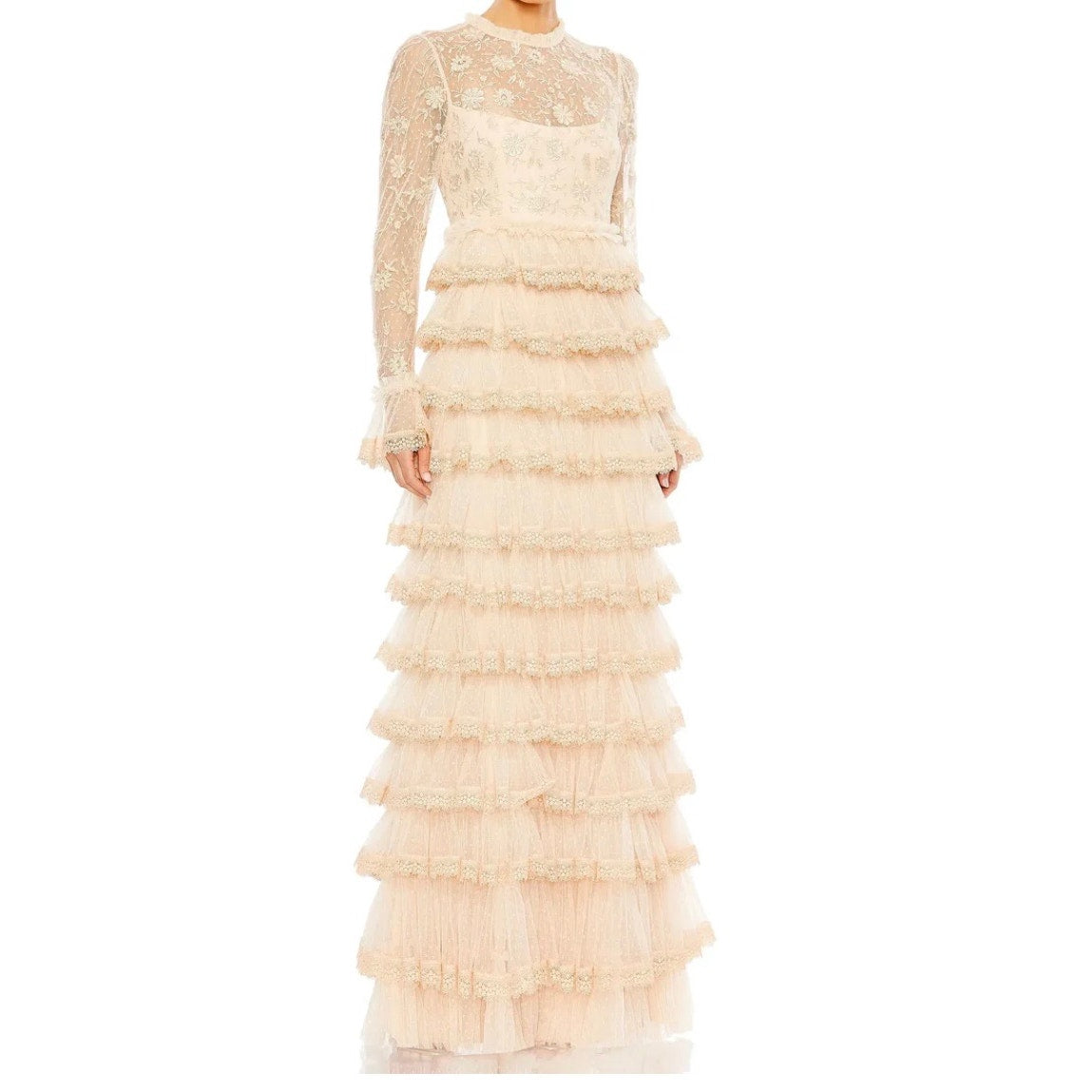 NWT Mac Duggal Beige Embroidered Long Sleeve Ruffled Tiered Gown