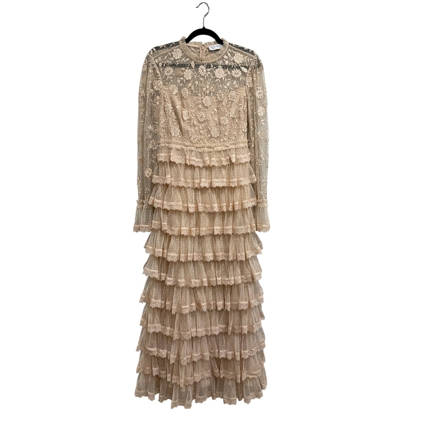 NWT Mac Duggal Beige Embroidered Long Sleeve Ruffled Tiered Gown