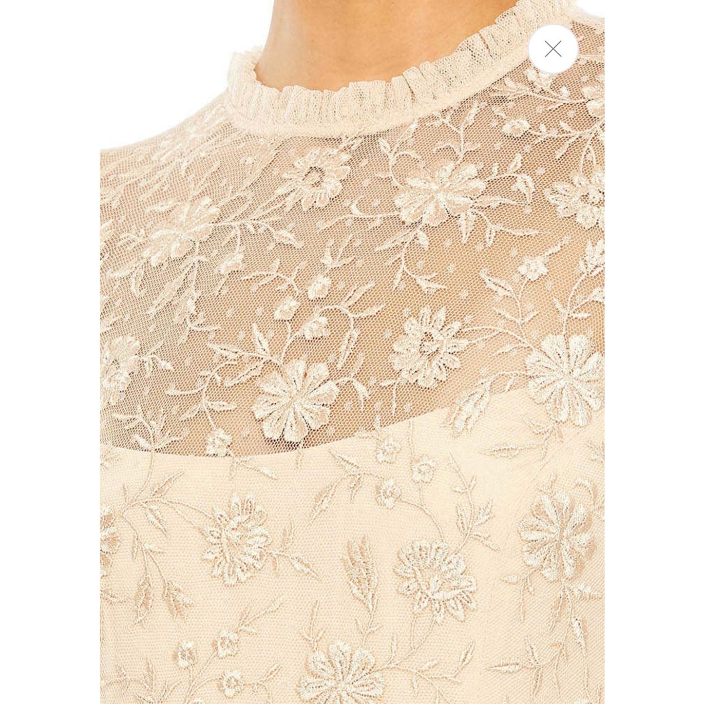 NWT Mac Duggal Beige Embroidered Long Sleeve Ruffled Tiered Gown