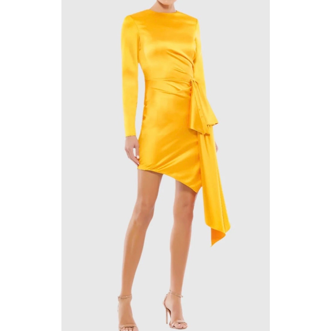 NWT Ieena for Mac Duggal Yellow Asymmetrical Draped Long Sleeve Mini Dress