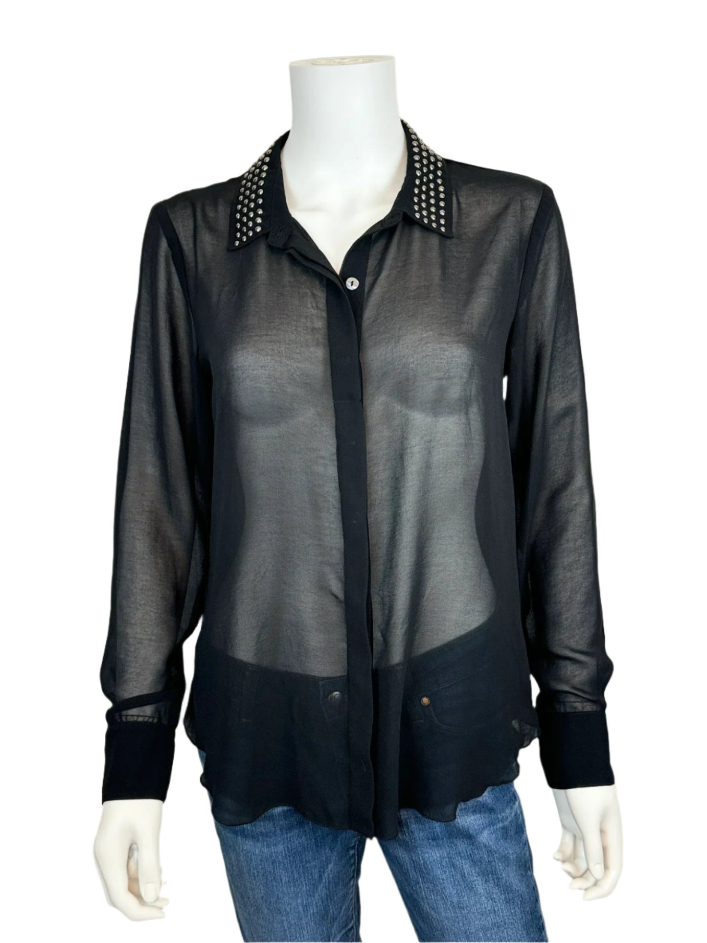 Black Sheer Button-Down Blouse with Studded Collar