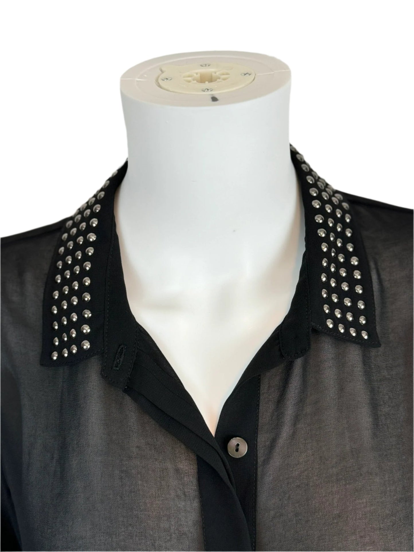 Black Sheer Button-Down Blouse with Studded Collar