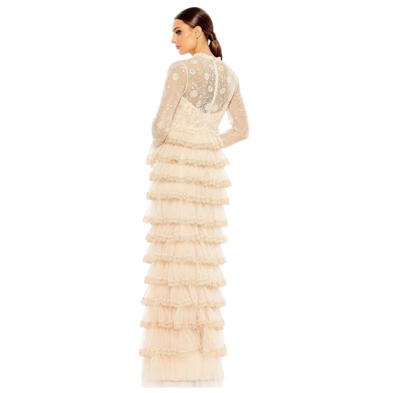 NWT Mac Duggal Beige Embroidered Long Sleeve Ruffled Tiered Gown