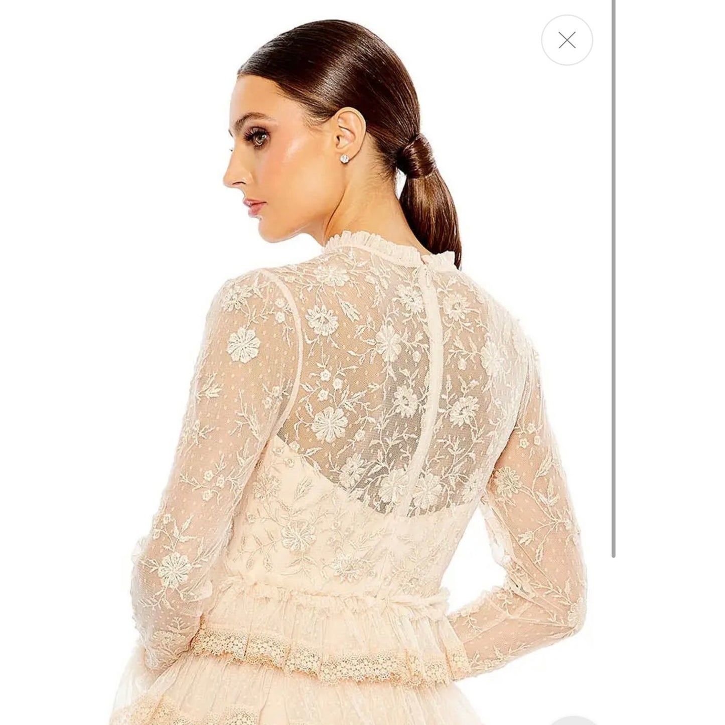 NWT Mac Duggal Beige Embroidered Long Sleeve Ruffled Tiered Gown